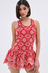JANINE PRINTED RUFFLE MINI DRESS IN RED