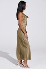 BELLA SATIN MAXI DRESS IN OLIVE