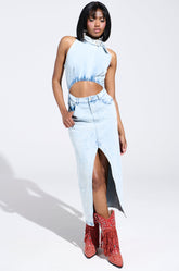 PEEKABOO DENIM MIDI DRESS