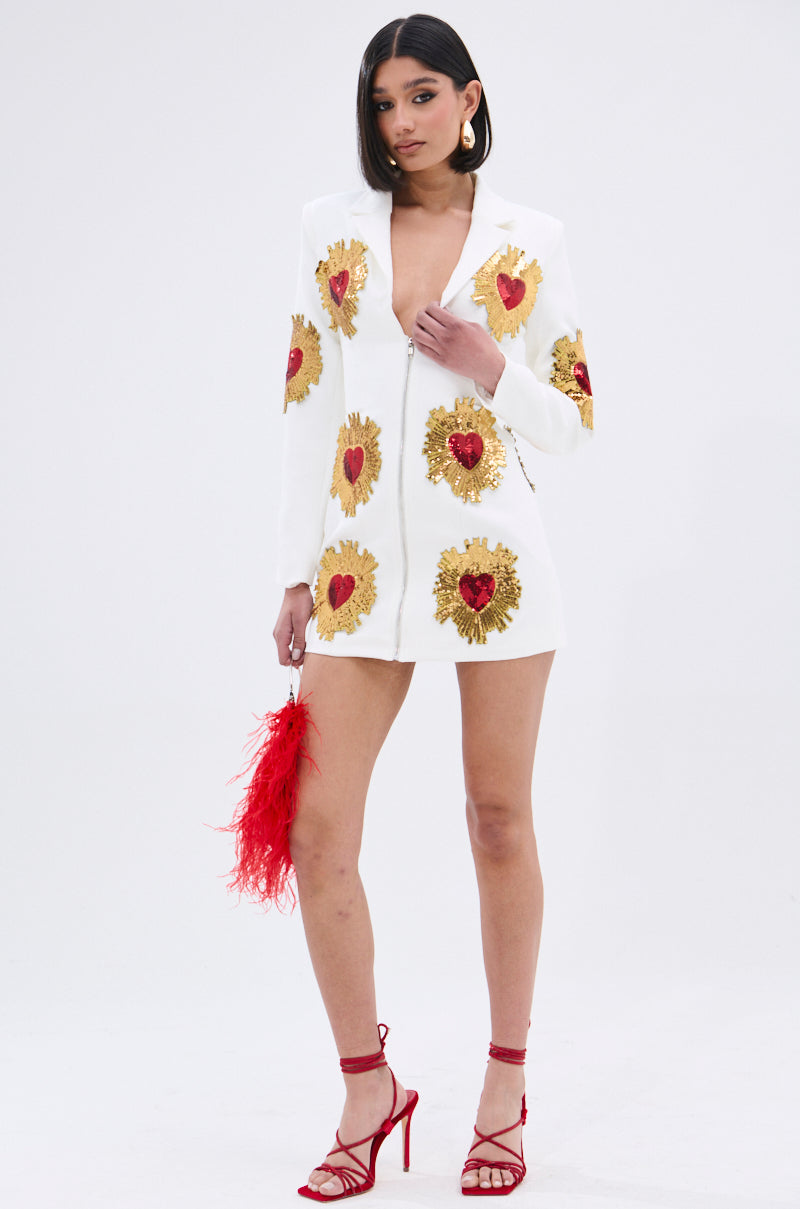 GLISTENING IN GOLD BLAZER DRESS IN WHITE