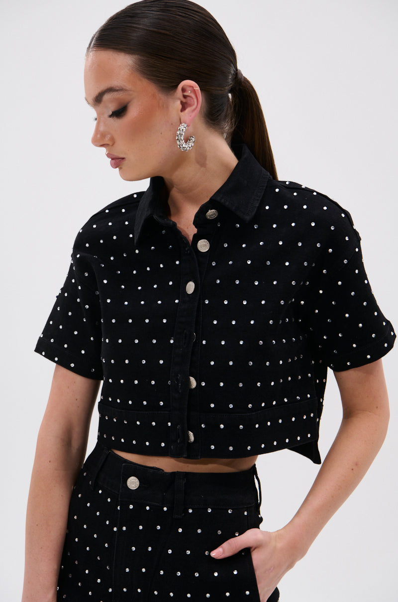 ITS GIVING DENIM RHINESTONE BUTTON DOWN