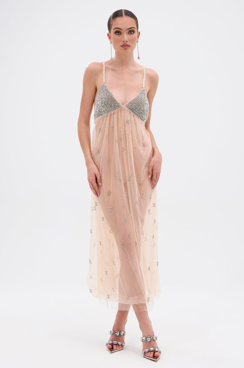 DO YOU BELIEVE IN LOVE RHINESTONE MESH MIDI DRESS