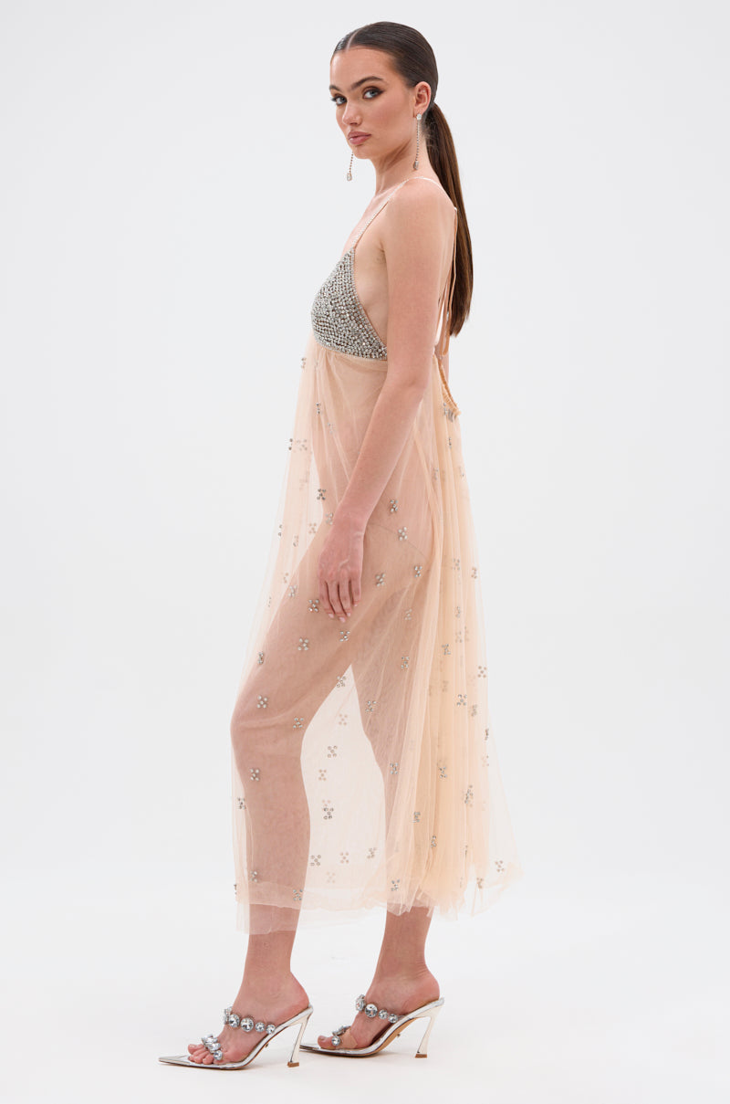 DO YOU BELIEVE IN LOVE RHINESTONE MESH MIDI DRESS