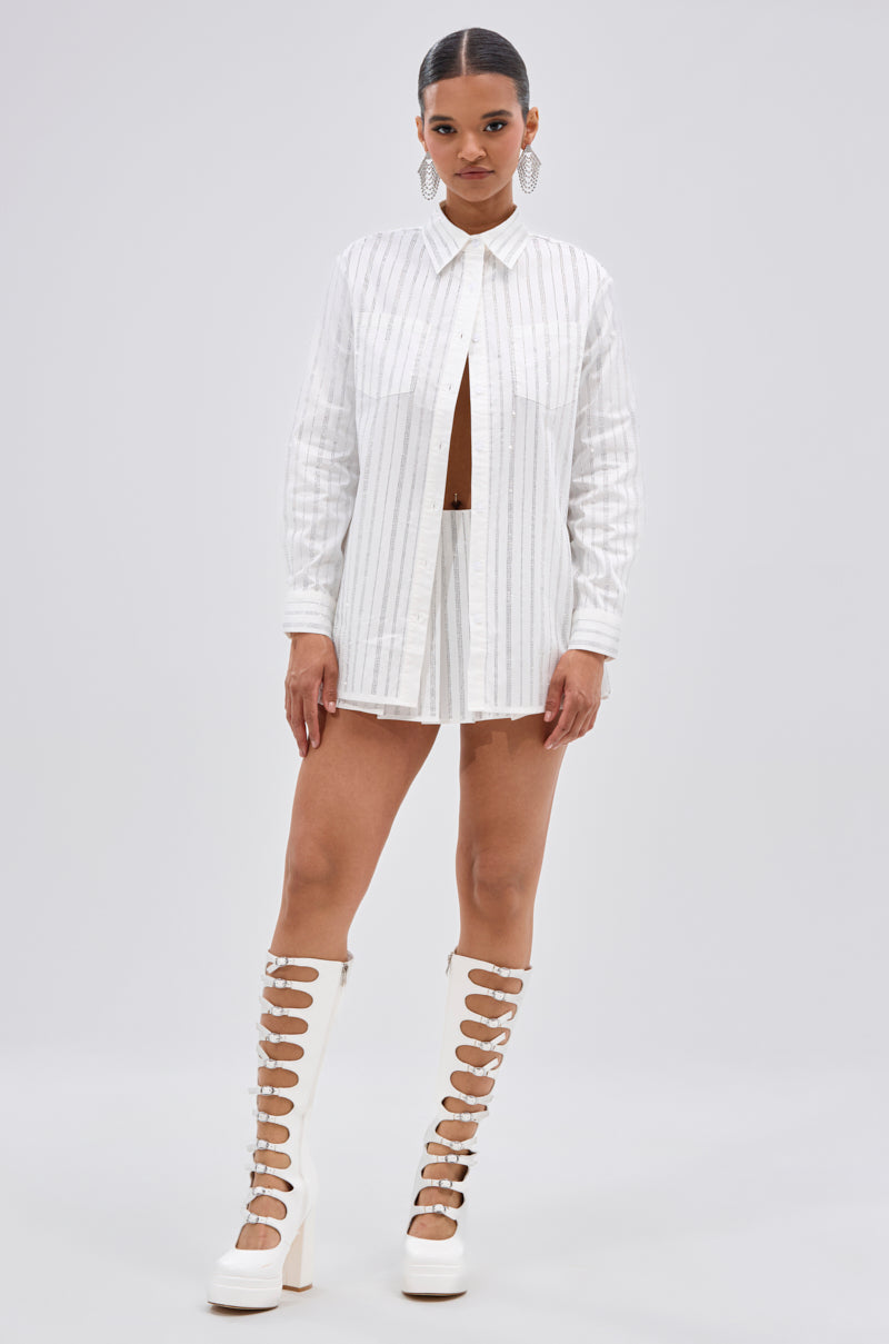 ONTO THE NEXT EMBELLISHED BUTTON DOWN TOP IN WHITE