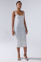 AFTER HOURS DENIM RHINESTONE MIDI DRESS