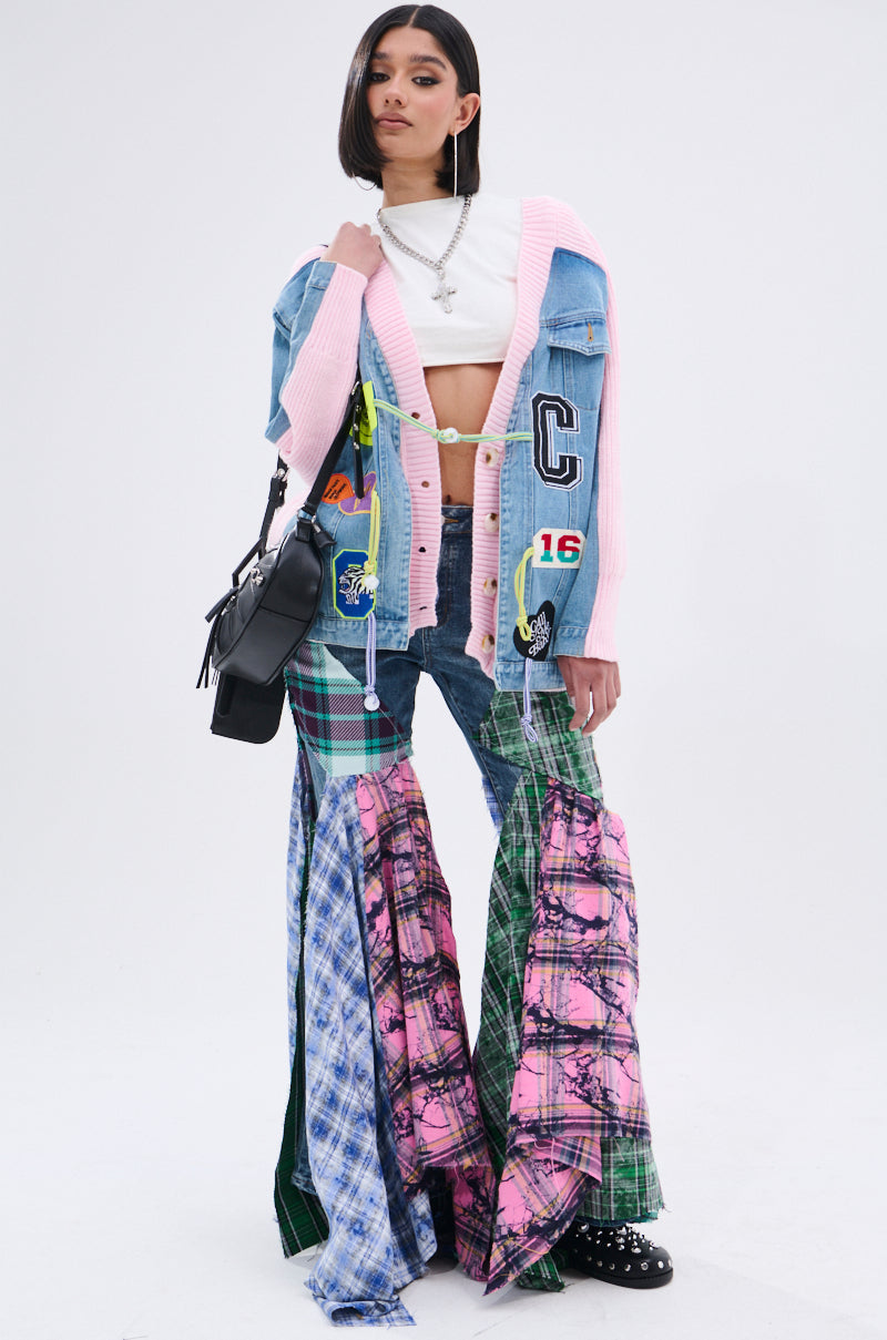 PLAID ON PLAID DENIM JEANS