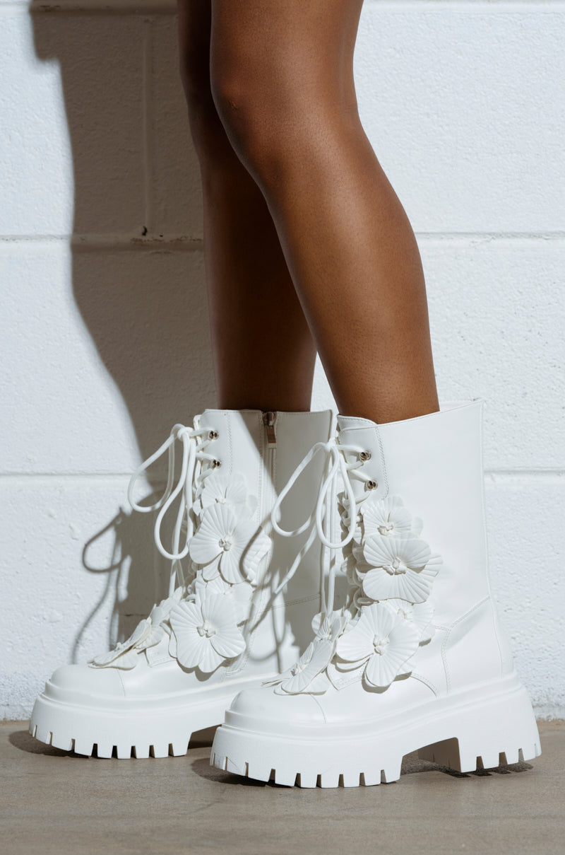 AZALEA WANG DEVOIR WHITE FLOWER EMBELLISHED COMBAT BOOTIE