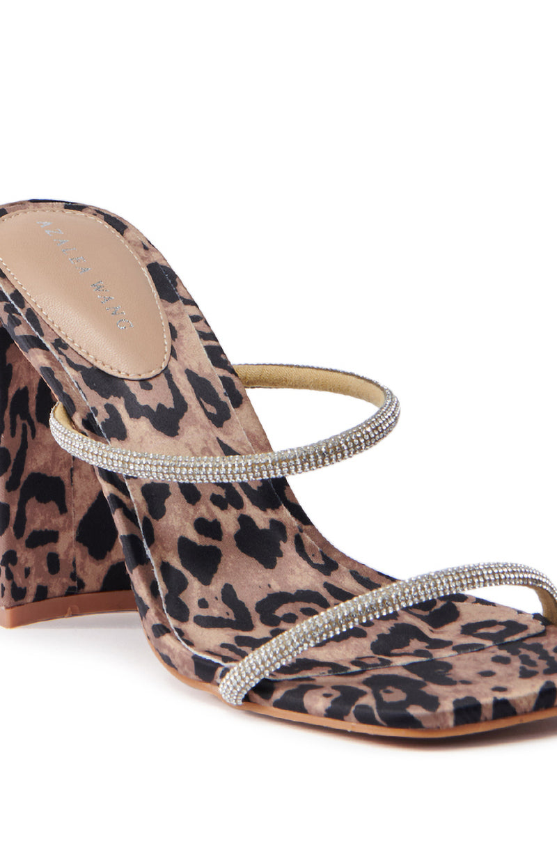 AZALEA WANG EULALIA LEOPARD SLIP ON SANDAL WITH RHINESTONE STRAPS