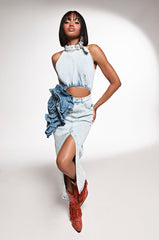 PEEKABOO DENIM MIDI DRESS