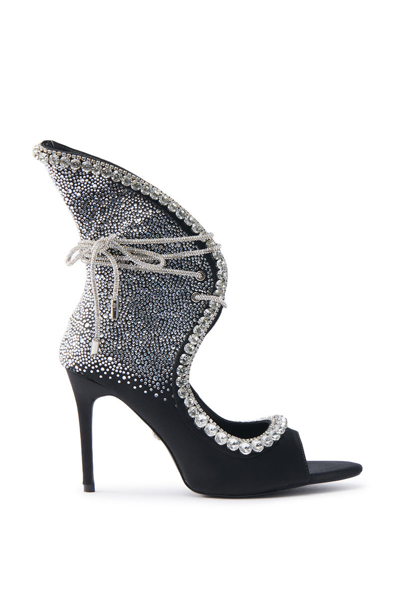 AZALEA WANG MICAELA BLACK SILVER RHINESTONE OPEN TOE LACE UP STILETTO BOOTIE