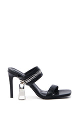 AZALEA WANG RAQUEL BLACK LARGE ZIPPER STRAP STILETTO SANDAL