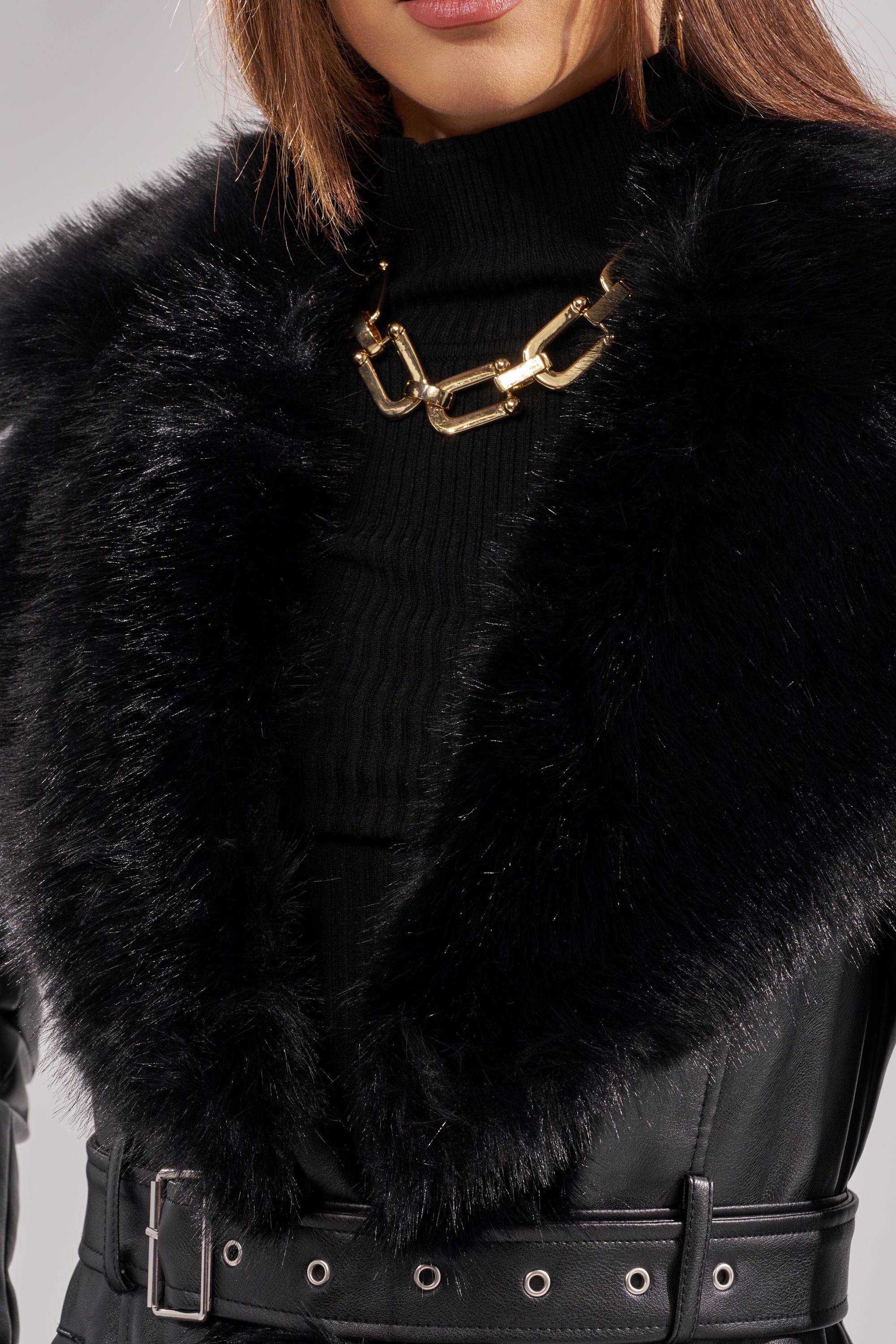 VIVAN LONG PU TRENCH WITH FAUX FUR TRIM