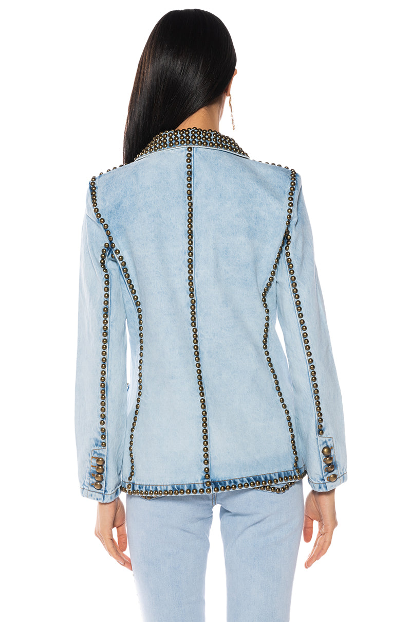 HERE TO STAND OUT EMBELLISHED DENIM BLAZER