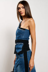 LET IT HAPPEN DENIM ONE SHOULDER TOP