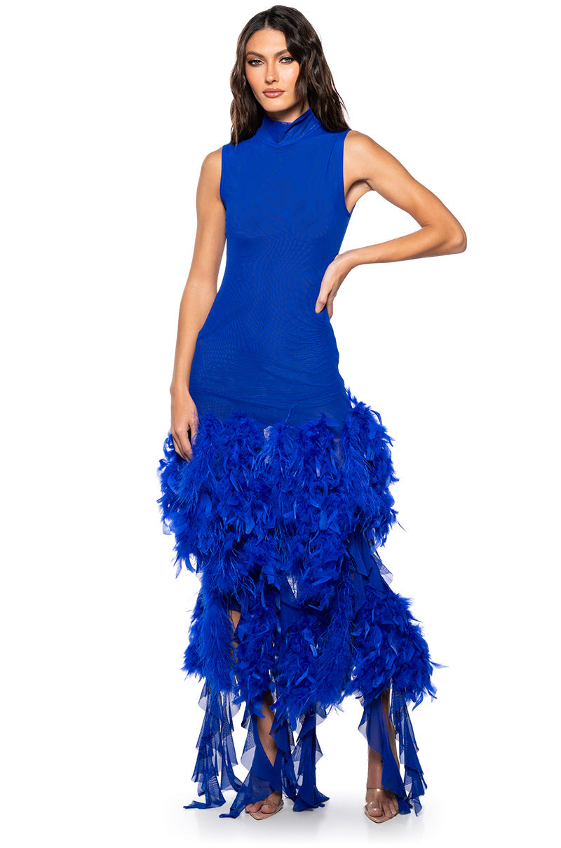 SLEEK AND CHIC FEATHER MAXI DRESS